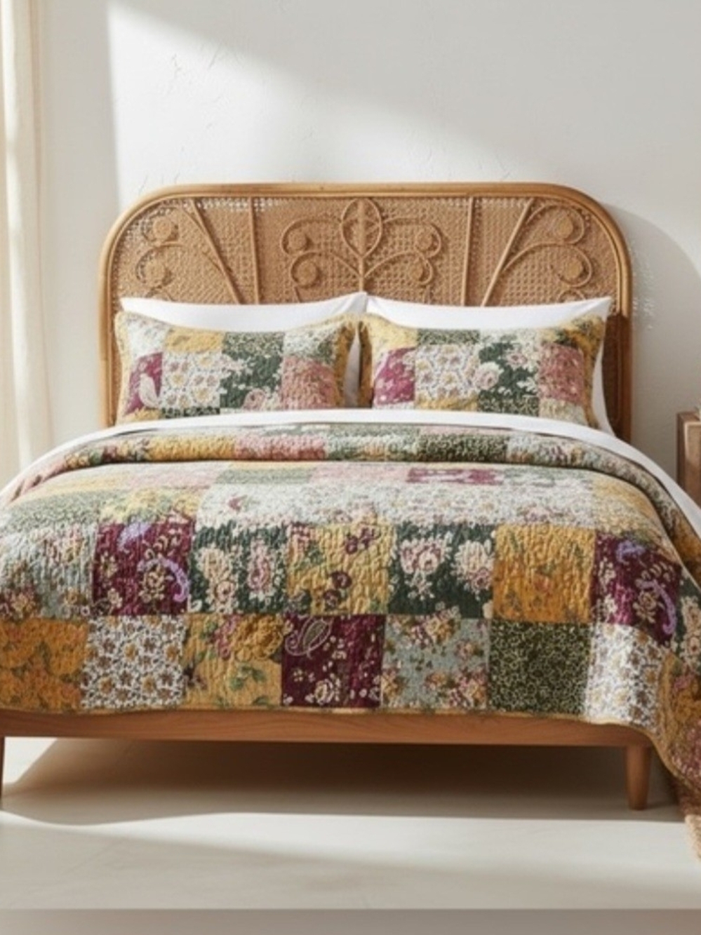 NEW FULL Patchwork Floral Quilt Set in Mustard, Green & Burgundy